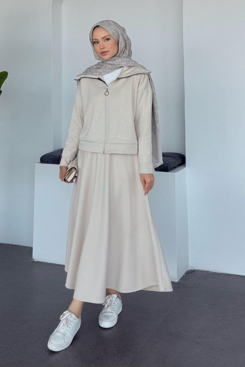 Ensemble Élégant Deux Pièces - Haut Zippé avec Pierres & Jupe Taille Élastique BEIGE