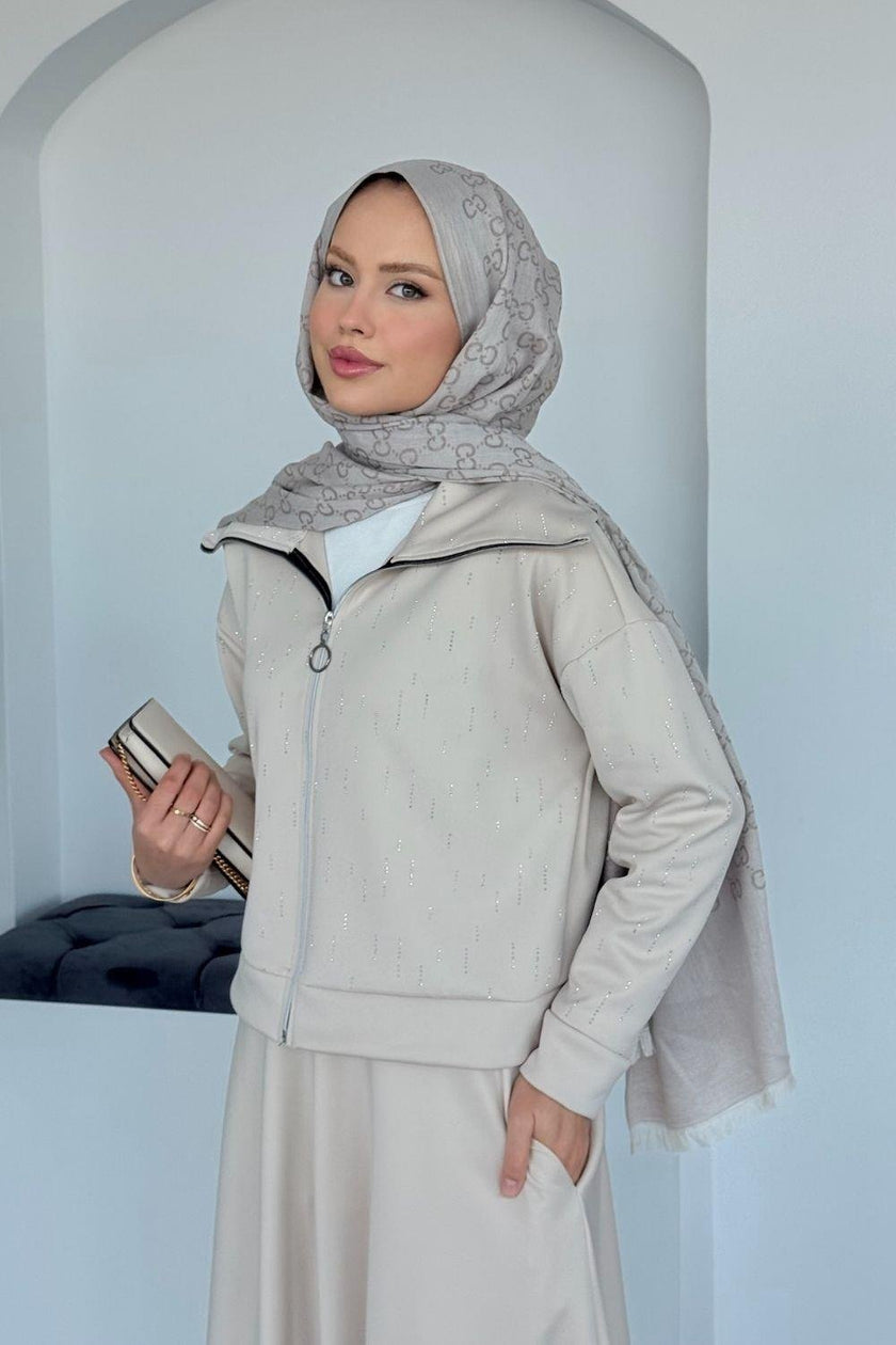 Ensemble Élégant Deux Pièces - Haut Zippé avec Pierres & Jupe Taille Élastique BEIGE