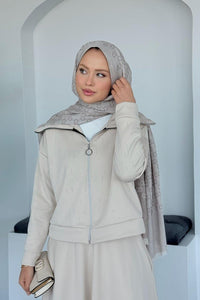 Ensemble Élégant Deux Pièces - Haut Zippé avec Pierres & Jupe Taille Élastique BEIGE