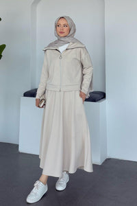 Ensemble Élégant Deux Pièces - Haut Zippé avec Pierres & Jupe Taille Élastique BEIGE