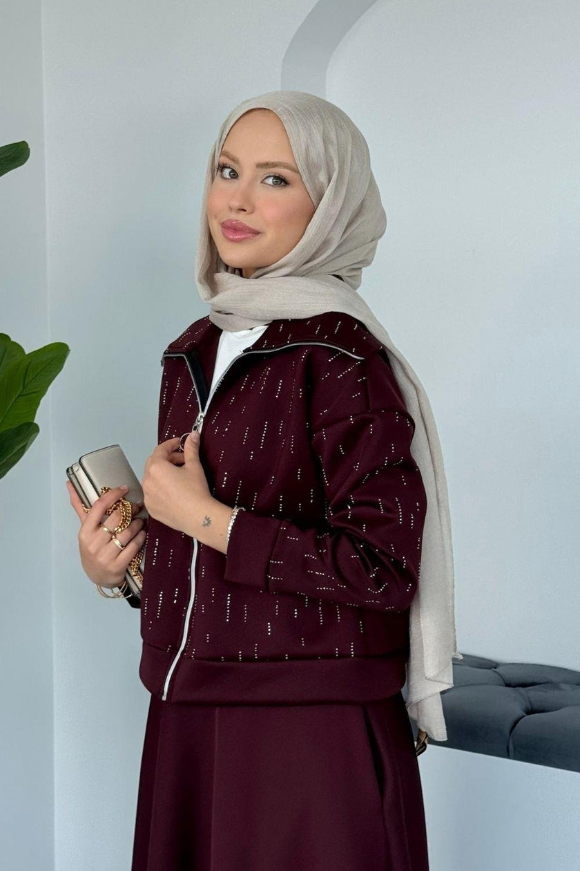 Ensemble Élégant Deux Pièces - Haut Zippé avec Pierres & Jupe Taille Élastique BEIGE