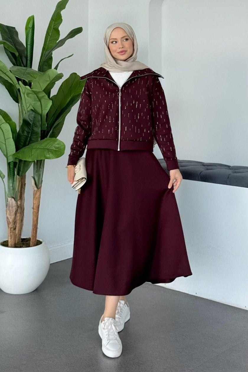 Ensemble Élégant Deux Pièces - Haut Zippé avec Pierres & Jupe Taille Élastique BEIGE