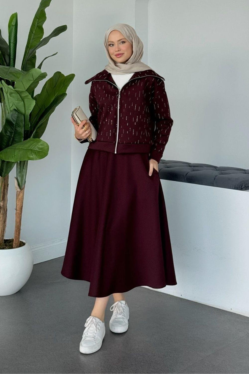 Ensemble Élégant Deux Pièces - Haut Zippé avec Pierres & Jupe Taille Élastique BEIGE