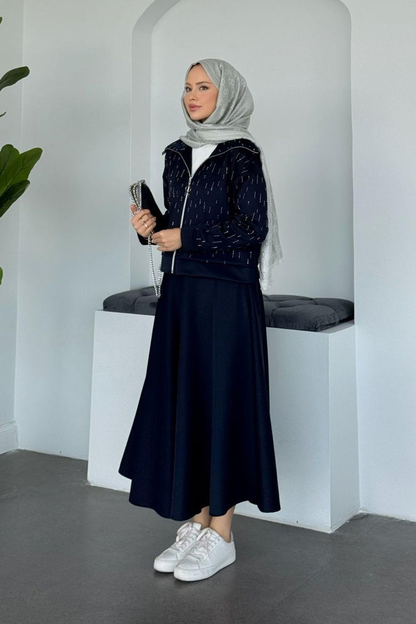 Ensemble Élégant Deux Pièces - Haut Zippé avec Pierres & Jupe Taille Élastique BEIGE