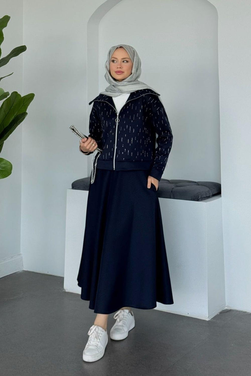 Ensemble Élégant Deux Pièces - Haut Zippé avec Pierres & Jupe Taille Élastique BEIGE