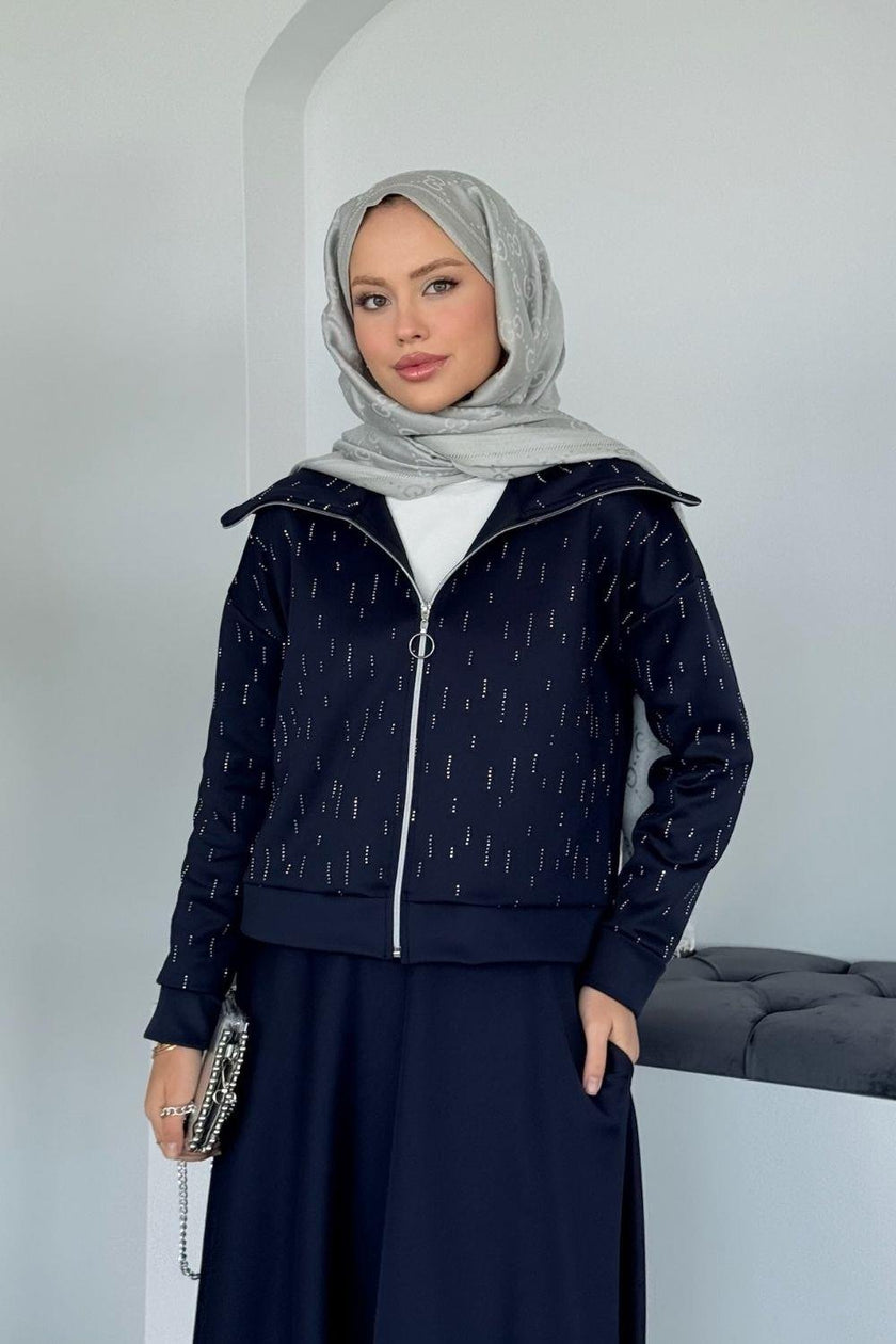 Ensemble Élégant Deux Pièces - Haut Zippé avec Pierres & Jupe Taille Élastique BEIGE