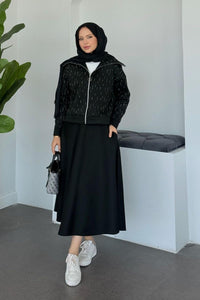 Ensemble Élégant Deux Pièces - Haut Zippé avec Pierres & Jupe Taille Élastique BEIGE