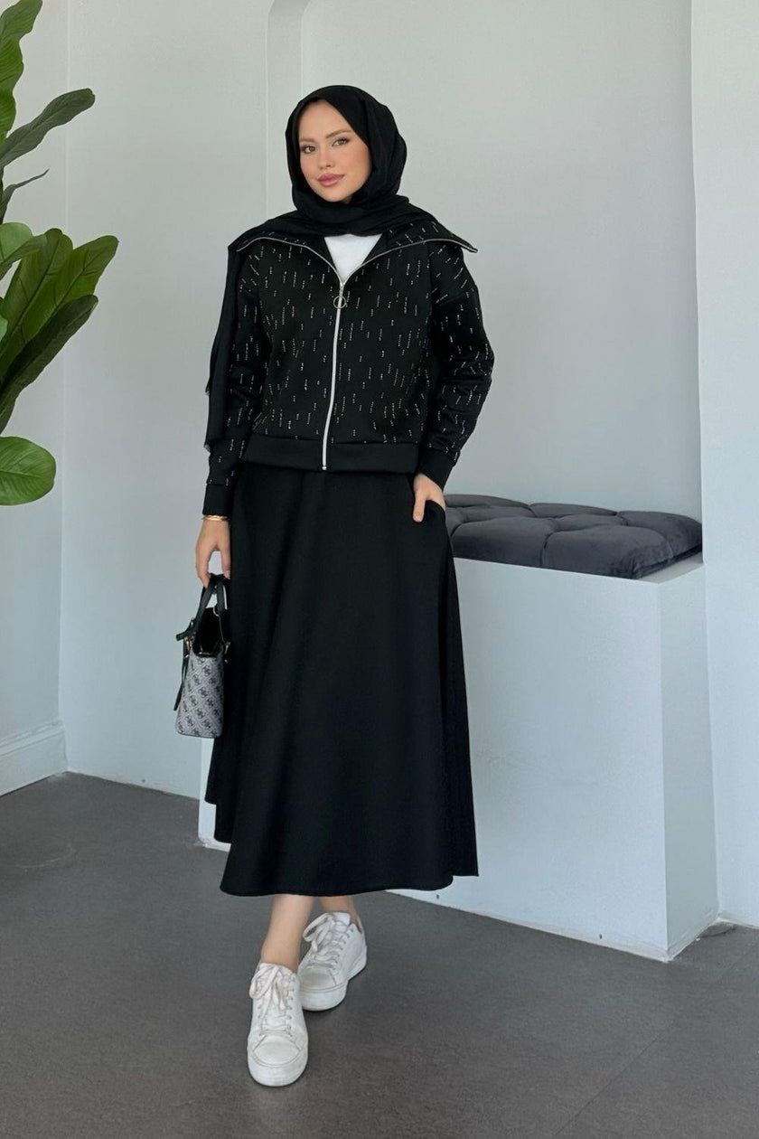 Ensemble Élégant Deux Pièces - Haut Zippé avec Pierres & Jupe Taille Élastique BEIGE