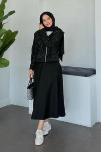 Ensemble Élégant Deux Pièces - Haut Zippé avec Pierres & Jupe Taille Élastique BEIGE