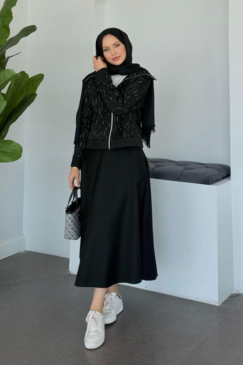 Ensemble Élégant Deux Pièces - Haut Zippé avec Pierres & Jupe Taille Élastique BEIGE