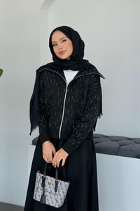 Ensemble Élégant Deux Pièces - Haut Zippé avec Pierres & Jupe Taille Élastique BEIGE