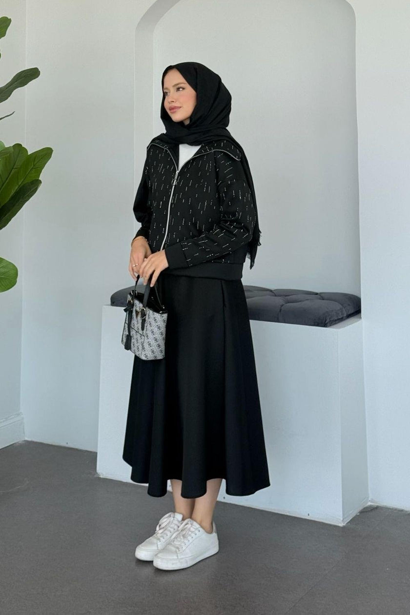 Ensemble Élégant Deux Pièces - Haut Zippé avec Pierres & Jupe Taille Élastique BEIGE