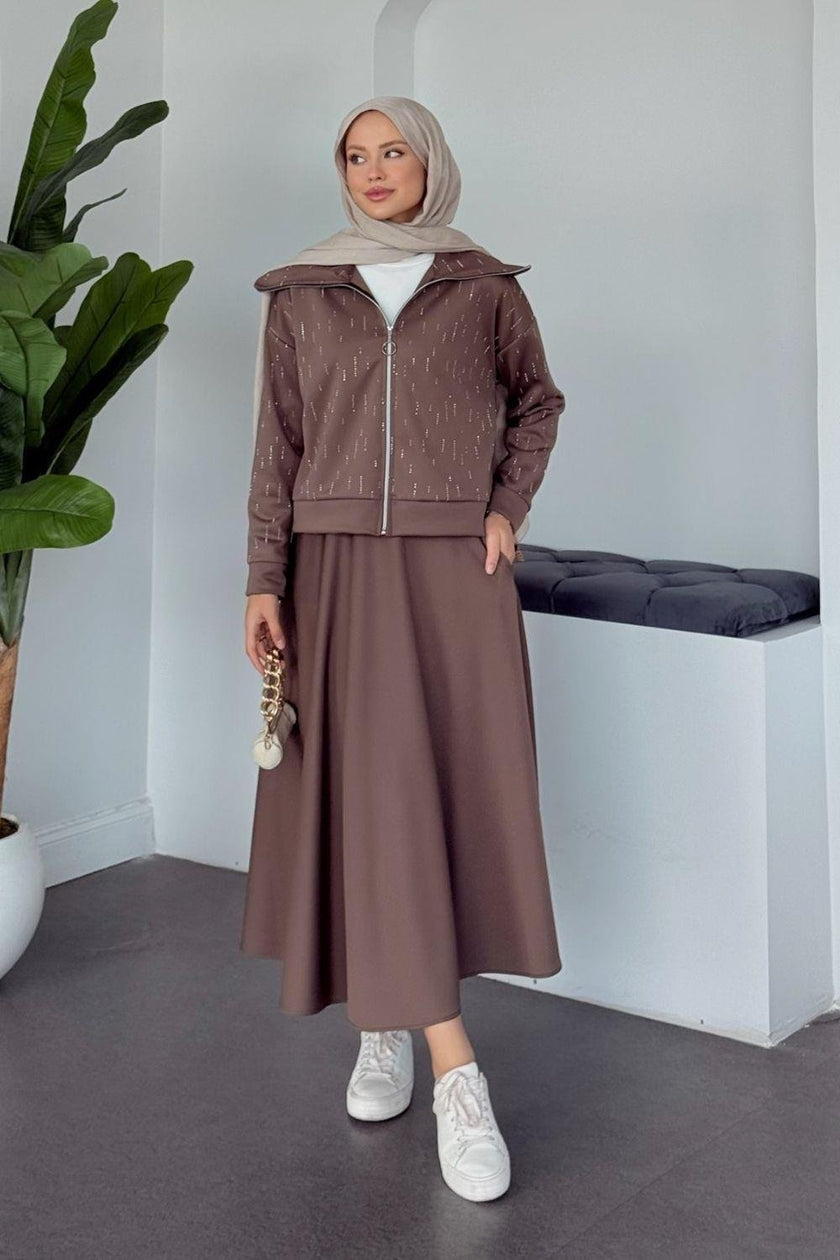 Ensemble Élégant Deux Pièces - Haut Zippé avec Pierres & Jupe Taille Élastique BEIGE