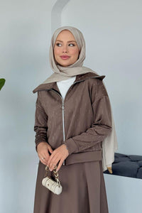 Ensemble Élégant Deux Pièces - Haut Zippé avec Pierres & Jupe Taille Élastique BEIGE