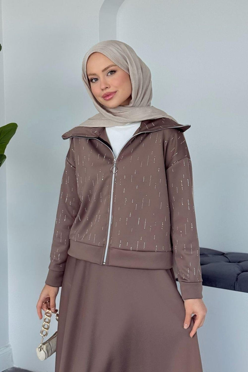 Ensemble Élégant Deux Pièces - Haut Zippé avec Pierres & Jupe Taille Élastique BEIGE