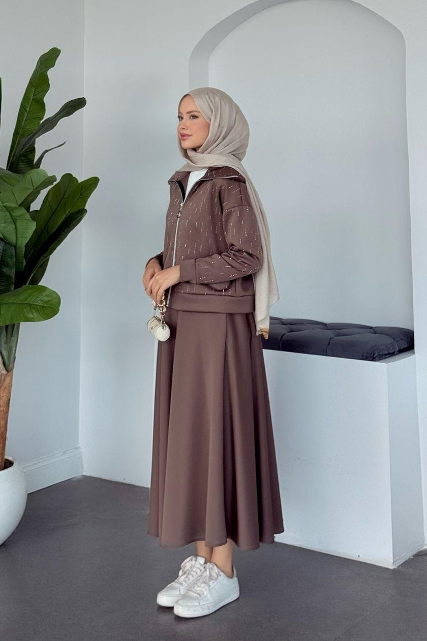 Ensemble Élégant Deux Pièces - Haut Zippé avec Pierres & Jupe Taille Élastique BEIGE