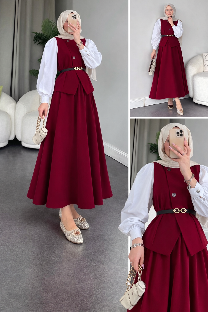 Ensemble deux pièces avec jupe ROUGE FONCÉ ✨👗