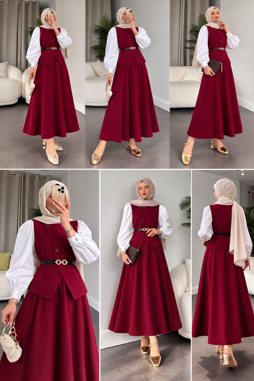 Ensemble deux pièces avec jupe ROUGE FONCÉ ✨👗