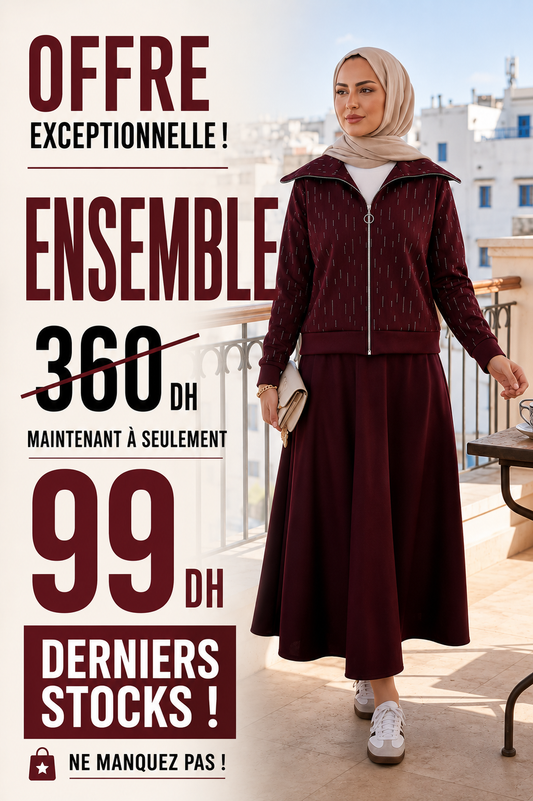 Ensemble Élégant - Haut Zippé avec Pierres & Jupe Taille Élastique