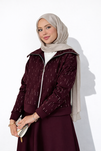 Ensemble Élégant Deux Pièces - Haut Zippé avec Pierres & Jupe Taille Élastique BEIGE