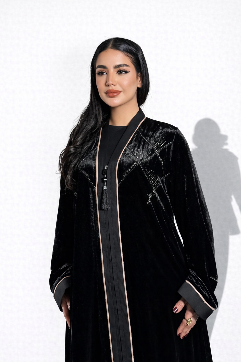 🌙 عباية مخمل أنيقة مع تطريز بالأحجار