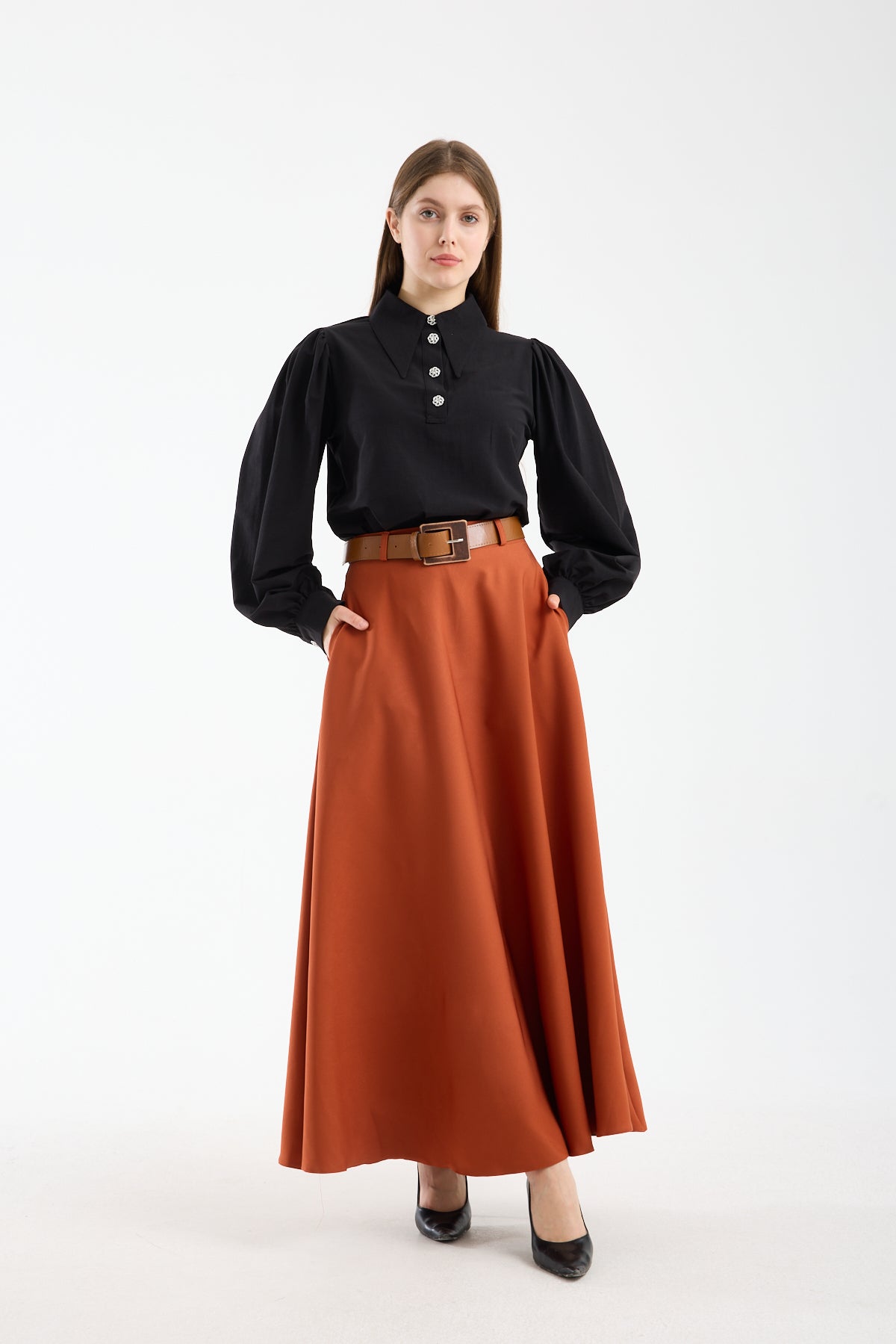 Jupe longue d’été avec ceinture (Orange)